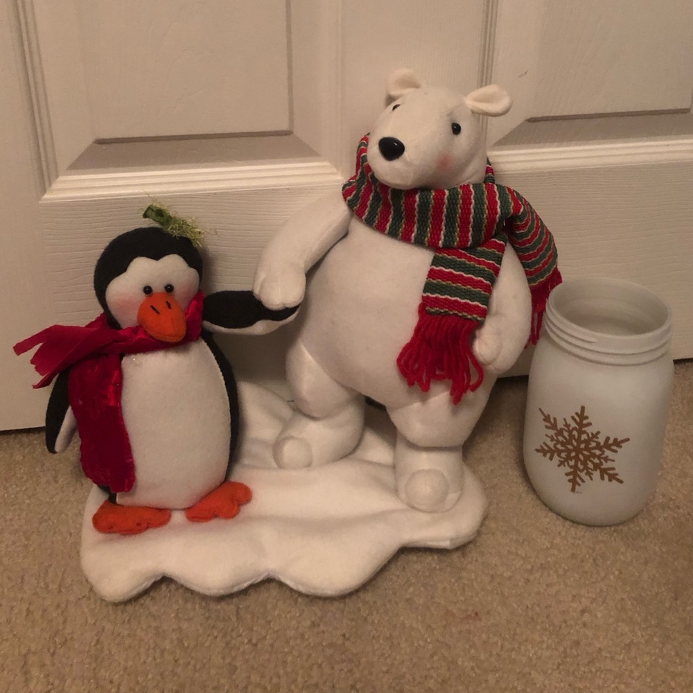 Plush White Polar Bear & Penguin Holiday Decor with Snowflake Jar